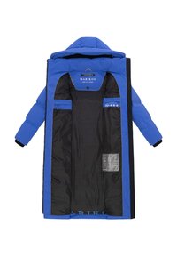 Blauwe pufferjas met een ruime zwarte binnenkant, voorzien van twee zakken en een logolabel. Ritsluiting en zwarte elastische manchetten voor een goede pasvorm.
