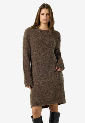 Giovane donna che indossa un vestito maglione marrone a maniche lunghe e stivali neri sopra il ginocchio, in piedi davanti a uno sfondo semplice.