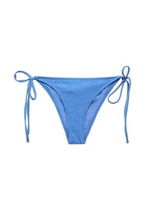 Blue bikini bottom with adjustable tie side straps, featuring a textured floral pattern and a smooth fabric finish.