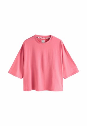 Tricou cu mâneci scurte, lejer, din bumbac roz aprins. Deгt rotund și design simplu, fără modele sau ornamente.