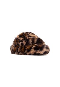 Sombrero de pelo sintético con un patrón de leopardo en tonos marrón y negro, con forma redondeada y textura suave. Adecuado para climas fríos.