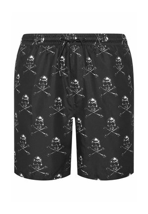 Costume da bagno nero con motivo bianco di teschio e ossa incrociate, vita elastica e coulisse nera davanti.