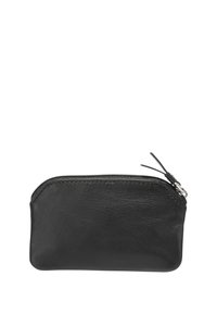 Črna usnjena torbica z zaobljeno obliko, zadrgo za zapiranje, gladko teksturo in dvema tankima trakom za enostavno odpiranje. Kompaktna zasnova za drobne predmete.