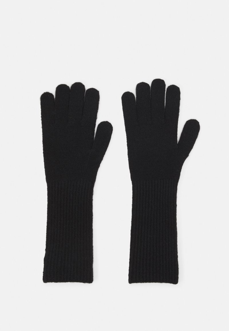 Schwarze gestrickte Handschuhe mit einem gerippten Bündchen und einem Fünf-Finger-Design. Sie bestehen aus weichem Stoff und zeichnen sich durch eine einheitliche Farbe und eine gleichmäßige Textur aus.