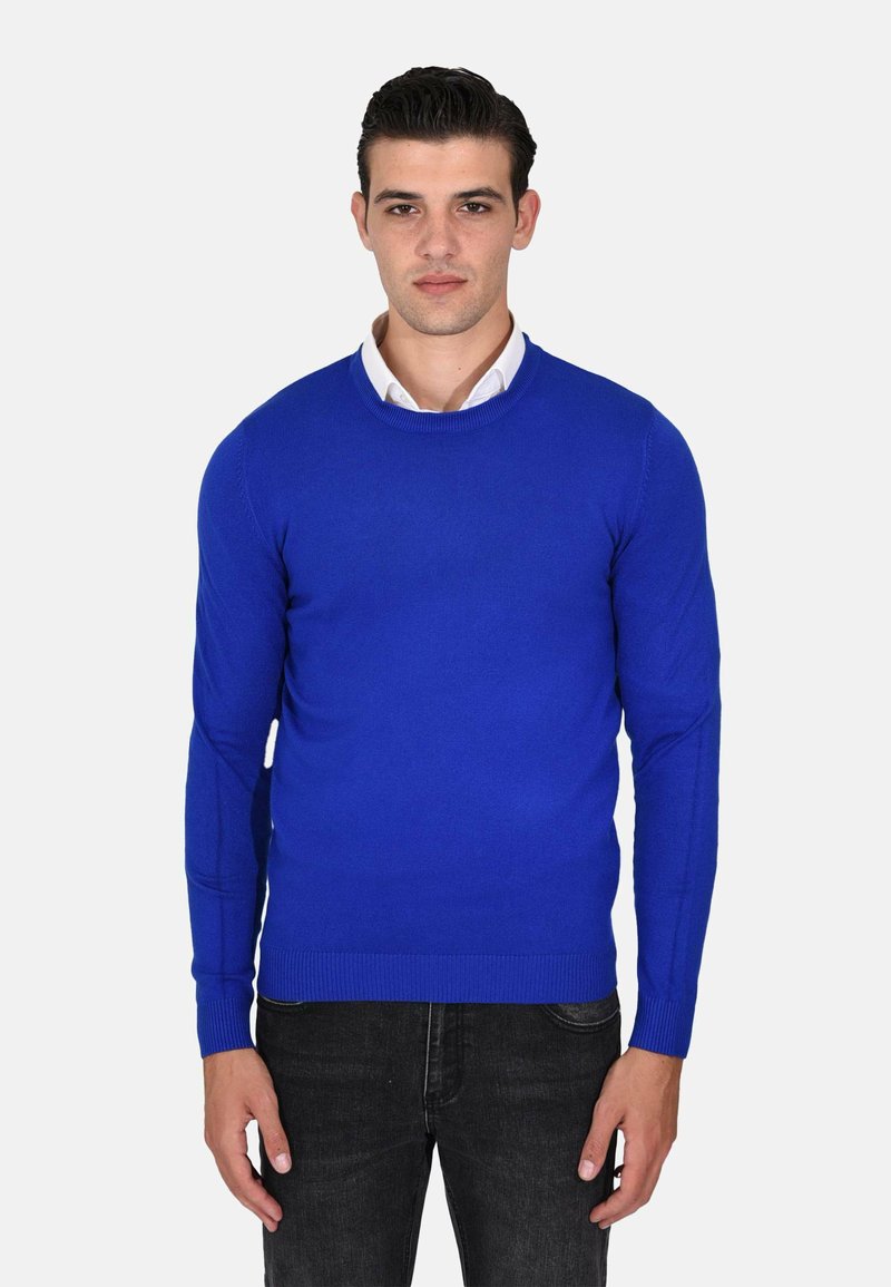 Maglione azzurro lavorato a maglia con scollatura rotonda, maniche lunghe e polsini a coste, abbinato a una camicia bianca con colletto sotto.