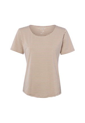 Beige and white horizontally striped short-sleeve T-shirt with a round neckline and slightly curved hem.