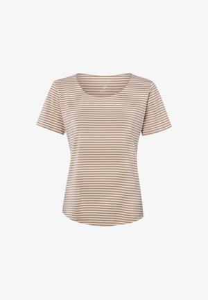 Beiges und weißes T-Shirt mit kurzen Ärmeln und horizontalen Streifen, rundem Ausschnitt und leicht geschwungenem Saum.