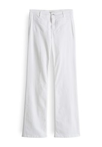 Jeans bianchi in denim, con design a gamba dritta, cinque tasche, passanti per cintura e chiusura con bottoni. Texture liscia, senza decorazioni.