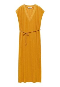 Senfgelbes, geripptes Kleid mit kurzen, angeschlossenen Ärmeln, V-Ausschnitt und einem Stoffgürtel, der an der Taille gebunden ist. Knielang, mit strukturiertem Material.