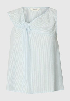 Ujjatlan világoskék-fehér, függőleges csíkos blúz elülső csomós résszel és V-nyakú gallérral.