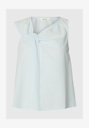 Ujjatlan világoskék-fehér, függőleges csíkos blúz elülső csomós résszel és V-nyakú gallérral.