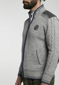 Grauer Strickcardigan mit Reißverschluss vorne, featuring einen hohen Kragen und blauen Akzenten. Zopfmuster-Details an den Ärmeln, gerippter Saum und Taschen.