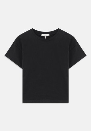 Black cropped t-shirt made of cotton, featuring a round neckline, short sleeves, and a simple design with no patterns or embellishments.