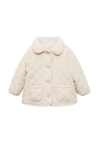 Quiltad krämfärgad jacka med en mjuk, lurvig krage, fyra knappar och två framfickor, med ett diamantmönster och avslappnad passform.