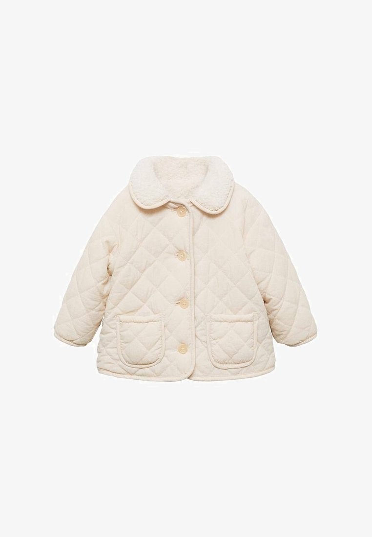 Quiltad krämfärgad jacka med en mjuk, lurvig krage, fyra knappar och två framfickor, med ett diamantmönster och avslappnad passform.