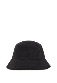 Chapéu tipo bucket em denim preto com aba larga e flexível e coroa estruturada. Apresenta costuras horizontais e uma textura macia ao toque.