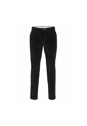 Fekete kordbársony nadrág slim fit szabással, gombos záródással, öt zsebes kialakítással és finom függőleges bordás textúrával.