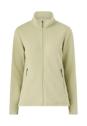 Hellgrüner Fleece-Jacke mit hohem Kragen, durchgehendem Reißverschluss und zwei Seitentaschen. Weiche Textur mit gleichmäßiger Oberfläche.