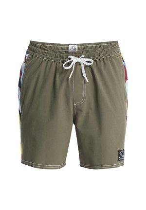 Costume da bagno verde oliva con elastico in vita e coulisse bianca. Presenta pannelli laterali multicolore e cuciture bianche a contrasto.