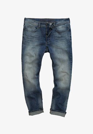 Spijkerbroek in medium blauw met een vervaagd afwerking, met rechte pijpen, opgerolde manchetten, voorzakken en een ritsluiting.