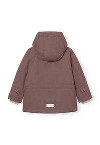 Wasserabweisende mauvefarbene Jacke mit Kapuze, beigen Bündchen und verstellbarem Zubehör. Verfügt über ein Rückenkoller und ein gesticktes Etikett am Saum.