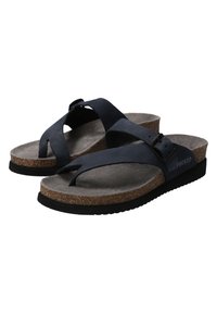 Tongs noires et bleu marine avec semelle en liège, sangle réglable et semelle en caoutchouc. Surface semblable à du daim avec un design minimaliste.