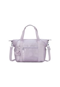 Light purple tote bag with front zipper pocket, dual top handles, adjustable shoulder strap, and plush keychain charm.