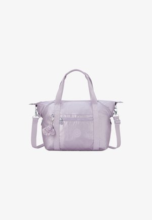 Light purple tote bag with front zipper pocket, dual top handles, adjustable shoulder strap, and plush keychain charm.