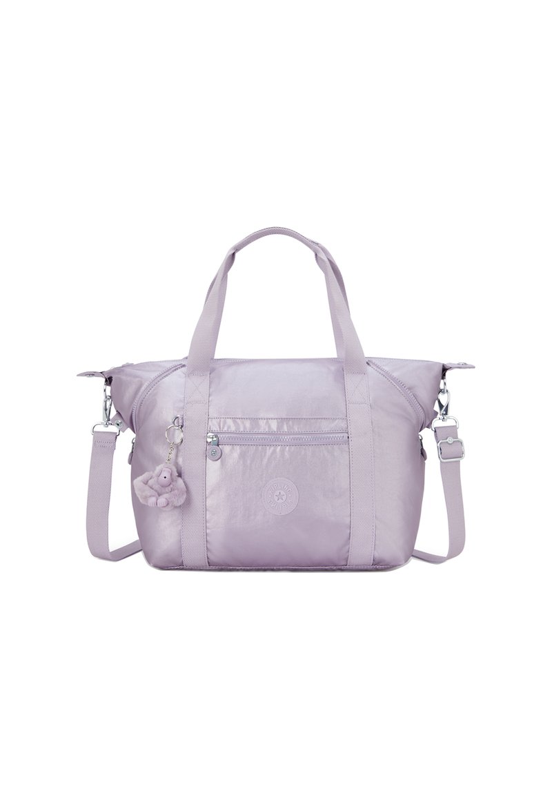 Light purple tote bag with front zipper pocket, dual top handles, adjustable shoulder strap, and plush keychain charm.