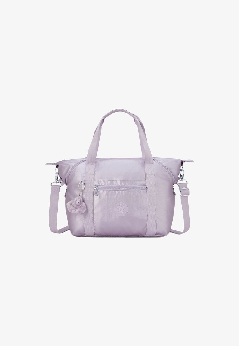 Light purple tote bag with front zipper pocket, dual top handles, adjustable shoulder strap, and plush keychain charm.