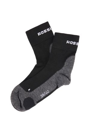 Para czarnych i szarych skarpet za kostkę z poduszkami na podeszwach, ściągaczami, logo "ROSSI" oraz oznaczeniem rozmiaru 39/42 na stopie.