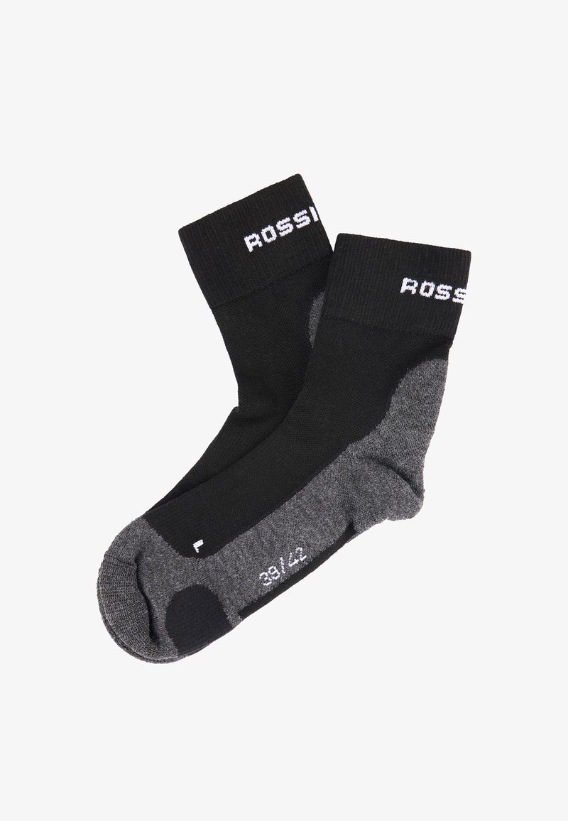Paire de chaussettes montantes noires et grises avec semelles rembourrées, bords côtelés, marquage « ROSSI » et taille 39/42 imprimée sur le pied.