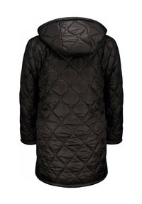 Manteau matelassé noir avec capuche, présentant un motif texturé de lignes courbes et un ourlet droit. Manches longues et coupe décontractée.