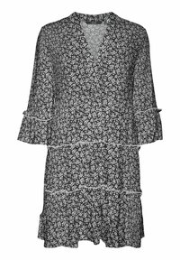 Vestido envolvente floral en blanco y negro con escote en V, mangas cortas acampanadas y acentos de volantes en los bordes y la cintura.