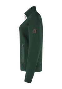 Donkergroene zip-up jack met hoge kraag, ritszak aan de zijkant en klein patch-logo op de bovenste mouw, zijaanzicht.