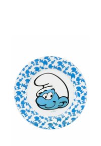 Piatto in ceramica con un personaggio Smurf blu al centro, circondato da un motivo ripetuto di Smurf blu su uno sfondo bianco.