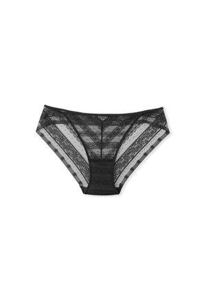 Black lace brief featuring sheer panels with striped design. Delicate floral patterns accentuate the material, with a soft waistband.