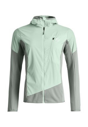 Light green and gray zip-up hooded jacket with asymmetrical chest pocket, textured sleeves, and fitted design.