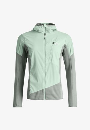 Light green and gray zip-up hooded jacket with asymmetrical chest pocket, textured sleeves, and fitted design.