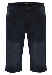 Shorts en denim bleu foncé avec une coupe droite, cinq poches, un léger délavage, et des ourlets retroussés, munis d'une fermeture à bouton en métal.