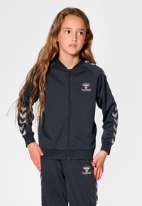 Czarna kurtka na zamek z długimi rękawami, z srebrnymi akcentami w kształcie szewronów na rękawach oraz małym logo na piersi. Gładka faktura materiału.