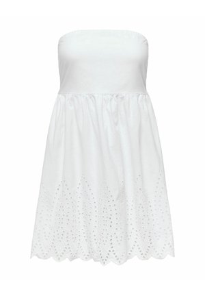Besiūlė balta vasarinė suknelė su susmulkintu liemeniu ir skylėtų siuvinėjimų detalėmis palei banguotą apatinę kraštą.