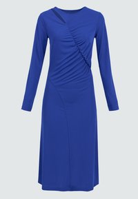 Langärmliges blaues Kleid aus dehnbarem Stoff, mit seitlicher Raffung und asymmetrischem Design sowie rundem Ausschnitt.