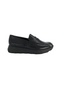 Black leather slip-on shoes with a smooth texture, rounded toe, and a low platform sole featuring a subtle design accent on the upper.
