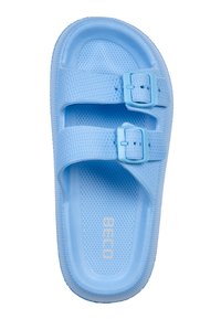Blue flip-flop with dual adjustable buckle straps, textured upper, and a contoured footbed. Lightweight material with a perforated design.