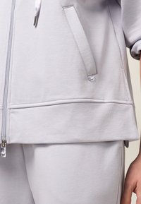 Felpa grigia chiara con zip realizzata in tessuto morbido, dotata di tasche laterali, polsini a costine e orlo piatto con sottili dettagli di cucitura.