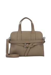Sac à main en cuir texturé beige avec deux anses sup�érieures, une bandoulière amovible et un détail de ceinture décoratif sur le devant.