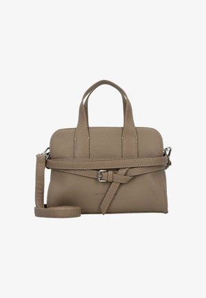 Sac à main en cuir texturé beige avec deux anses supérieures, une bandoulière amovible et un détail de ceinture décoratif sur le devant.