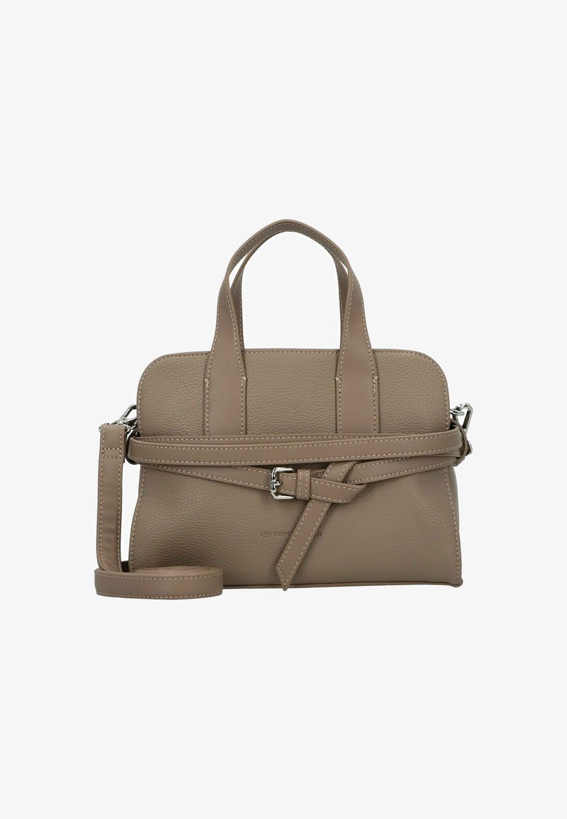 Sac à main en cuir texturé beige avec deux anses supérieures, une bandoulière amovible et un détail de ceinture décoratif sur le devant.
