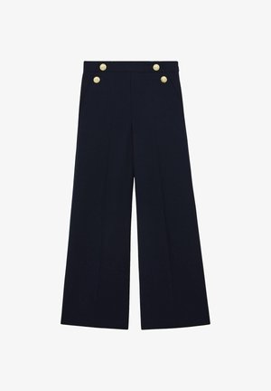 Pantaloni ampi color blu navy con vita alta e quattro bottoni decorativi dorati sui lati anteriori.
